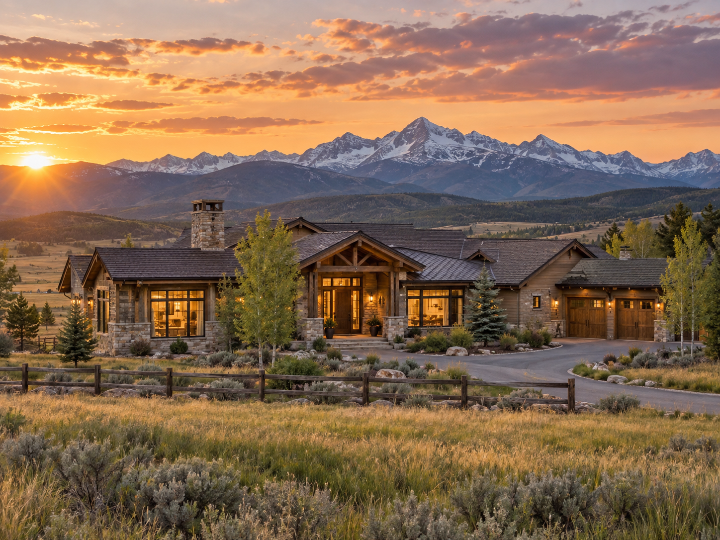 Mountain ranch home at sunset